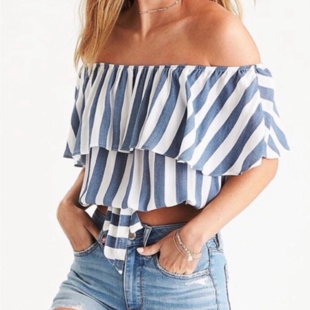 AMERICAN EAGLE Women’s Cropped Off-the-Shoulder Striped Tie Front Top Size L